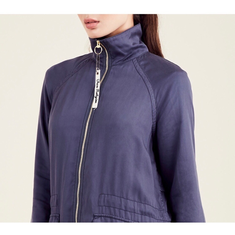 NEW True Religion Navy Duster Silky Long Jacket Trench Coat Overcoat Streetwear - Picture 3 of 6